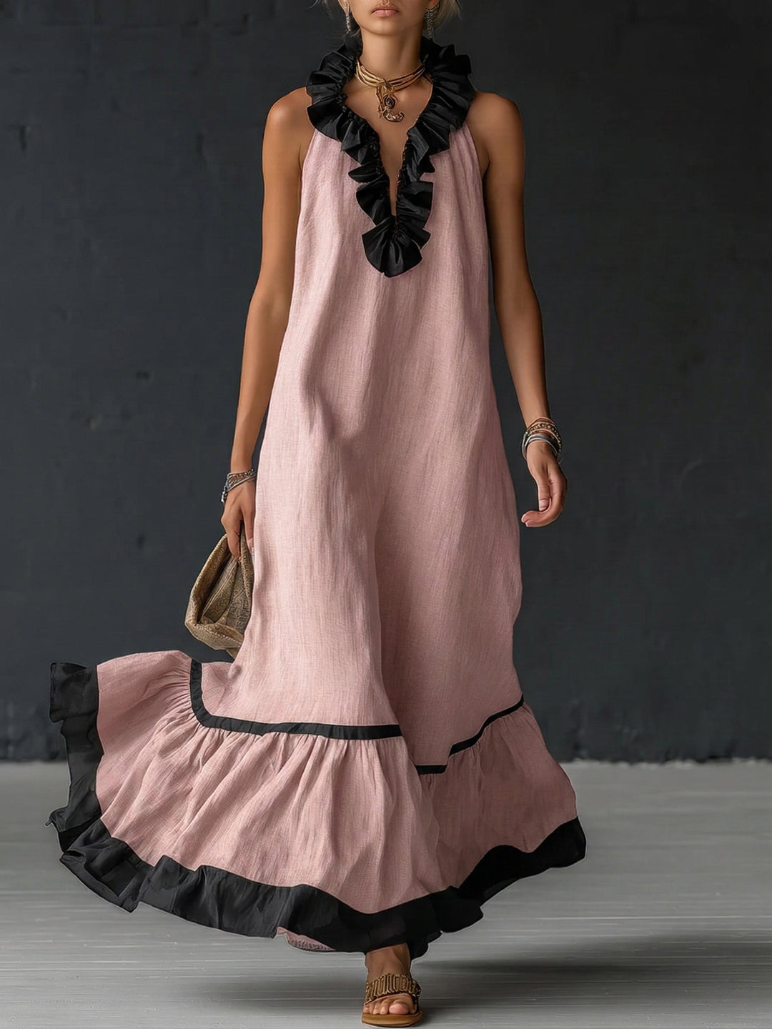 Vestido maxi boho bicolor para mujer, volantes elegantes, mezcla de lino y algodón para verano. Estilo casual chic.