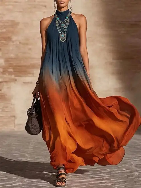 Vestido largo de mujer degradado, fluido y elegante, con cuello halter o V. Perfecto para verano y celebraciones.