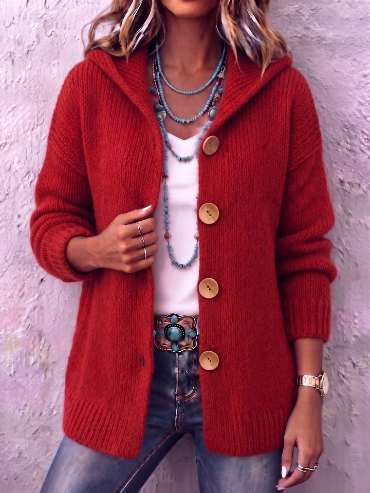 Cárdigan de punto grueso con capucha para mujer, una prenda de moda casual para el frío otoño e invierno.
