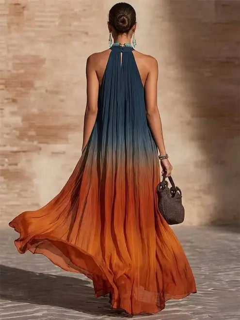Vestido largo boho chic degradado para mujer, ligero y sin mangas, ideal para vacaciones de verano.