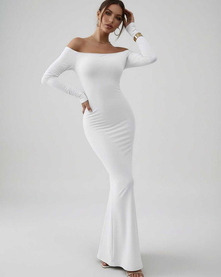Vestido formal blanco largo para mujer. Estilo off-shoulder, ideal para gala, boda o evento especial.