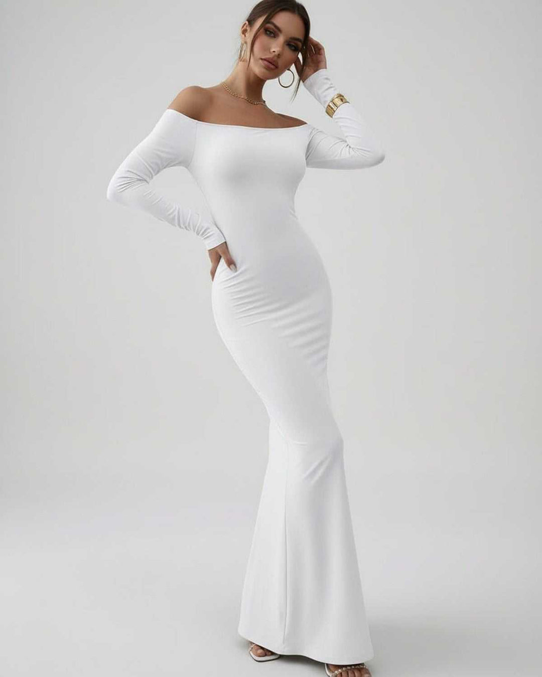 Vestido maxi blanco de fiesta, diseño off-shoulder. Vestido elegante para mujer, perfecto para eventos formales.