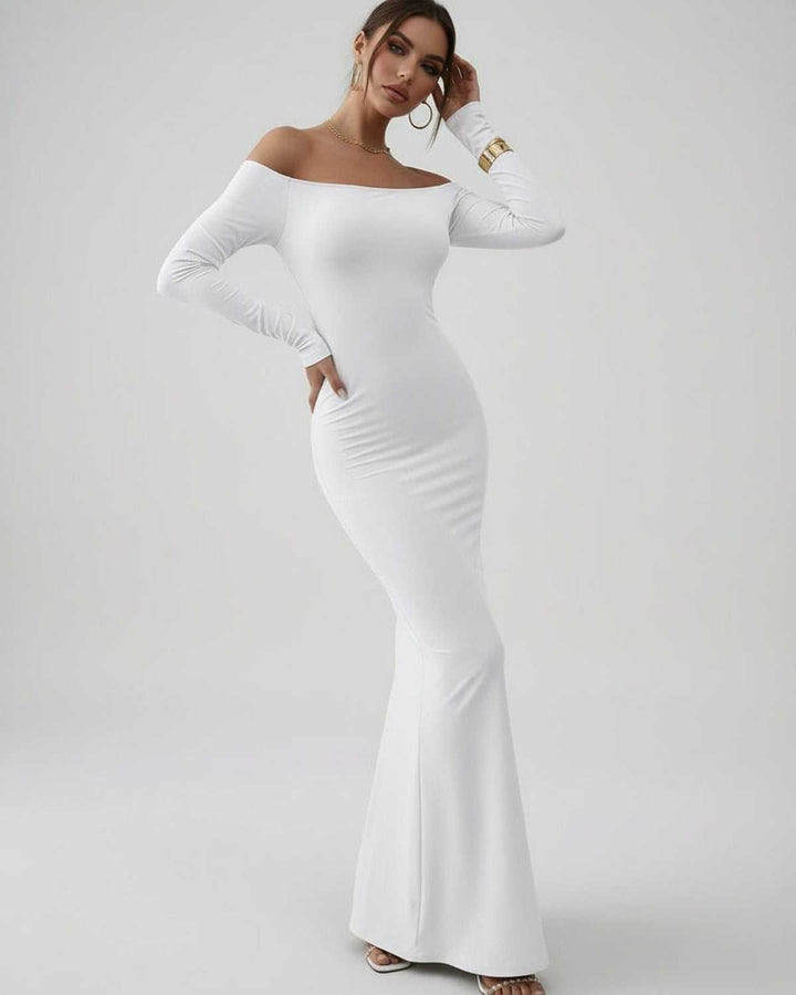 Vestido maxi blanco de fiesta, diseño off-shoulder. Vestido elegante para mujer, perfecto para eventos formales.