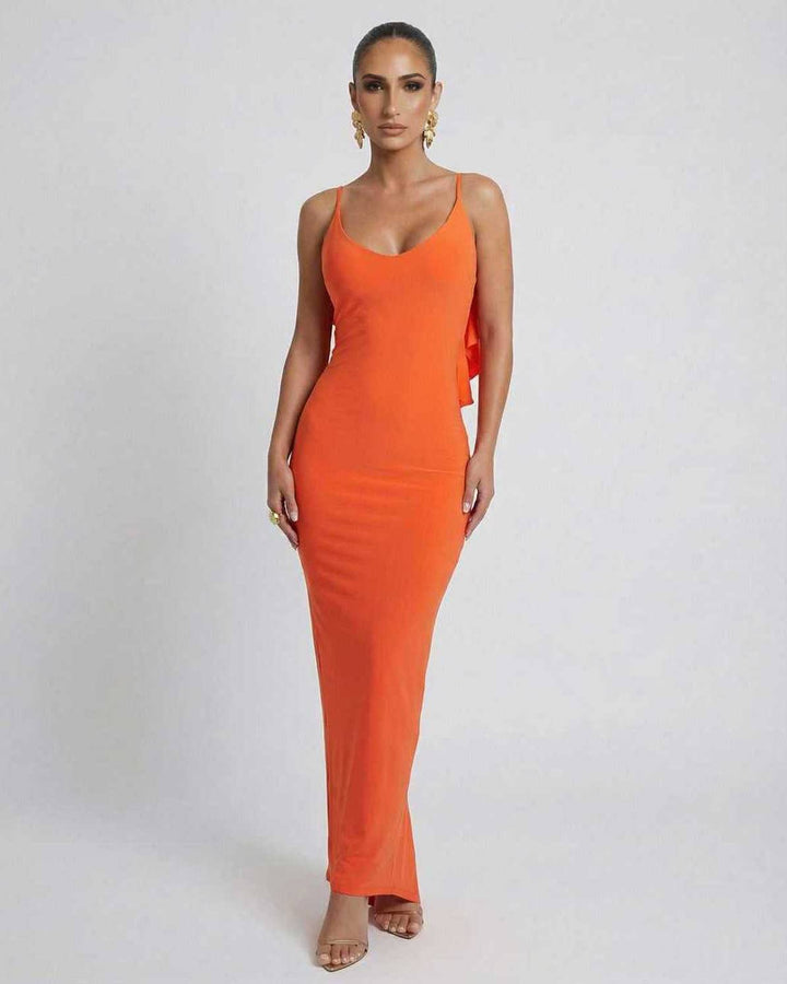 Vestido de fiesta maxi naranja Orion para mujer, ideal para eventos elegantes y nocturnos con un toque sofisticado.