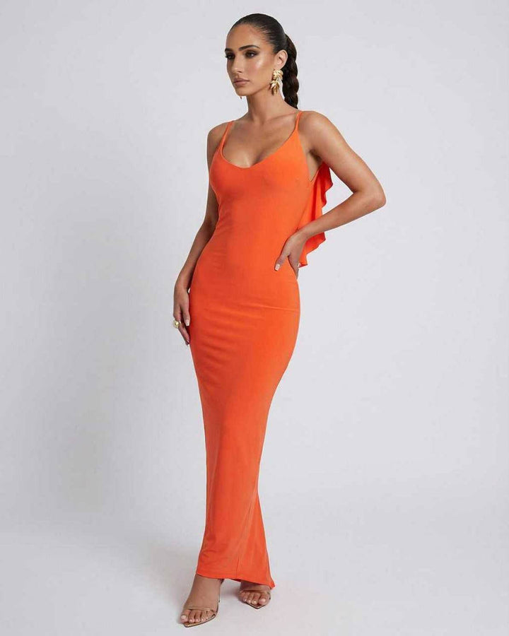 Vestido maxi naranja sin mangas, elegante y cómodo para mujer, estilo Orion, perfecto para ocasiones especiales.