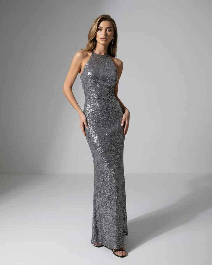 Vestido de lentejuelas plateadas maxi para mujer, sin mangas, cuello halter, perfecto para noche y fiesta.