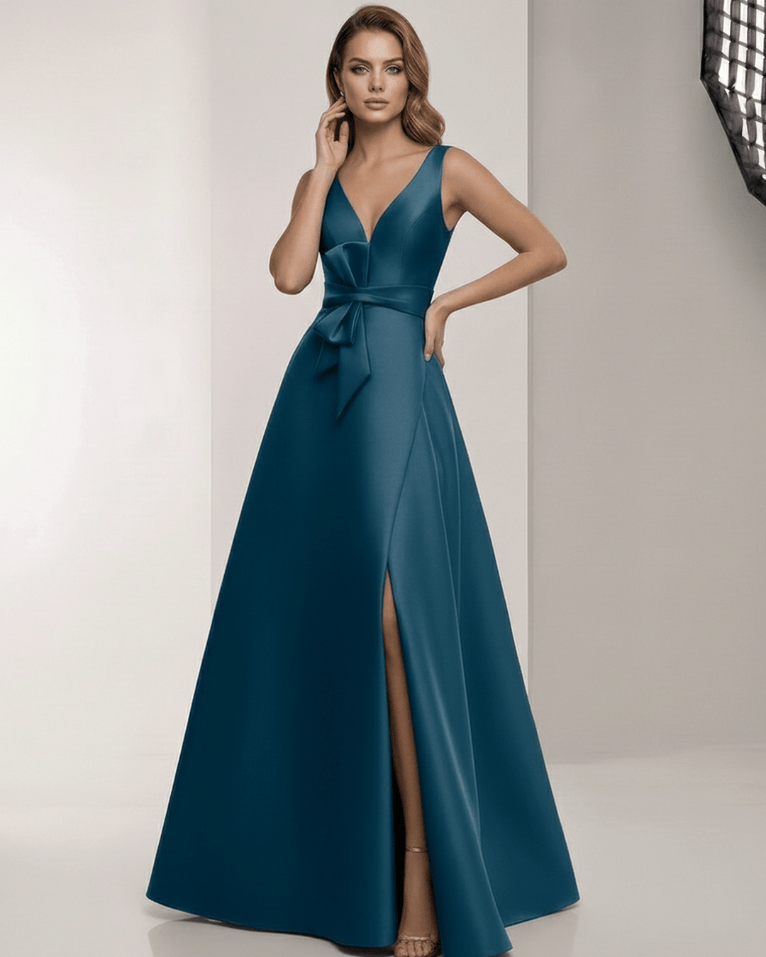 Vestido largo fluido azul verdoso para mujer. Vestido maxi elegante con lazo ajustable, ideal para ocasiones de noche.