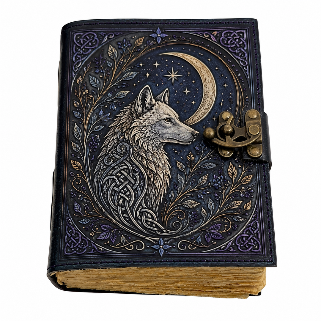 Cuaderno místico vintage con cierre, diseño lobo aullando a la luna. Ideal para diario o escritura.