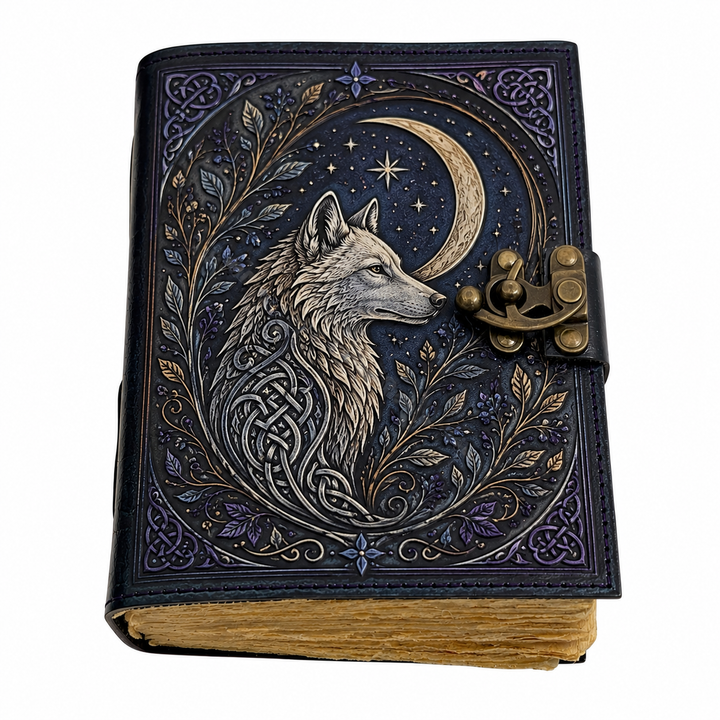 Cuaderno místico vintage con cierre, diseño lobo aullando a la luna. Ideal para diario o escritura.