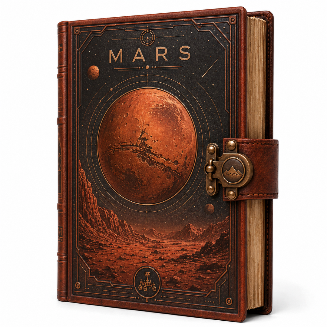 Cuaderno místico de Marte vintage, tapa roja oscura y cierre metálico antiguo. Ideal para diario o escritura creativa.