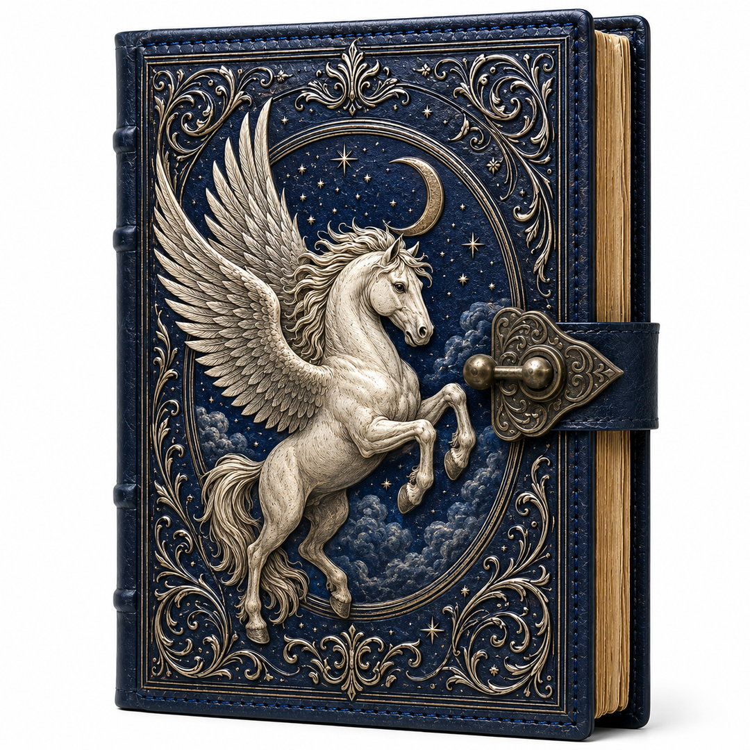 Cuaderno místico celestial con Pegaso volador, diseño vintage y cierre de metal, ideal para diario de fantasía y notas.