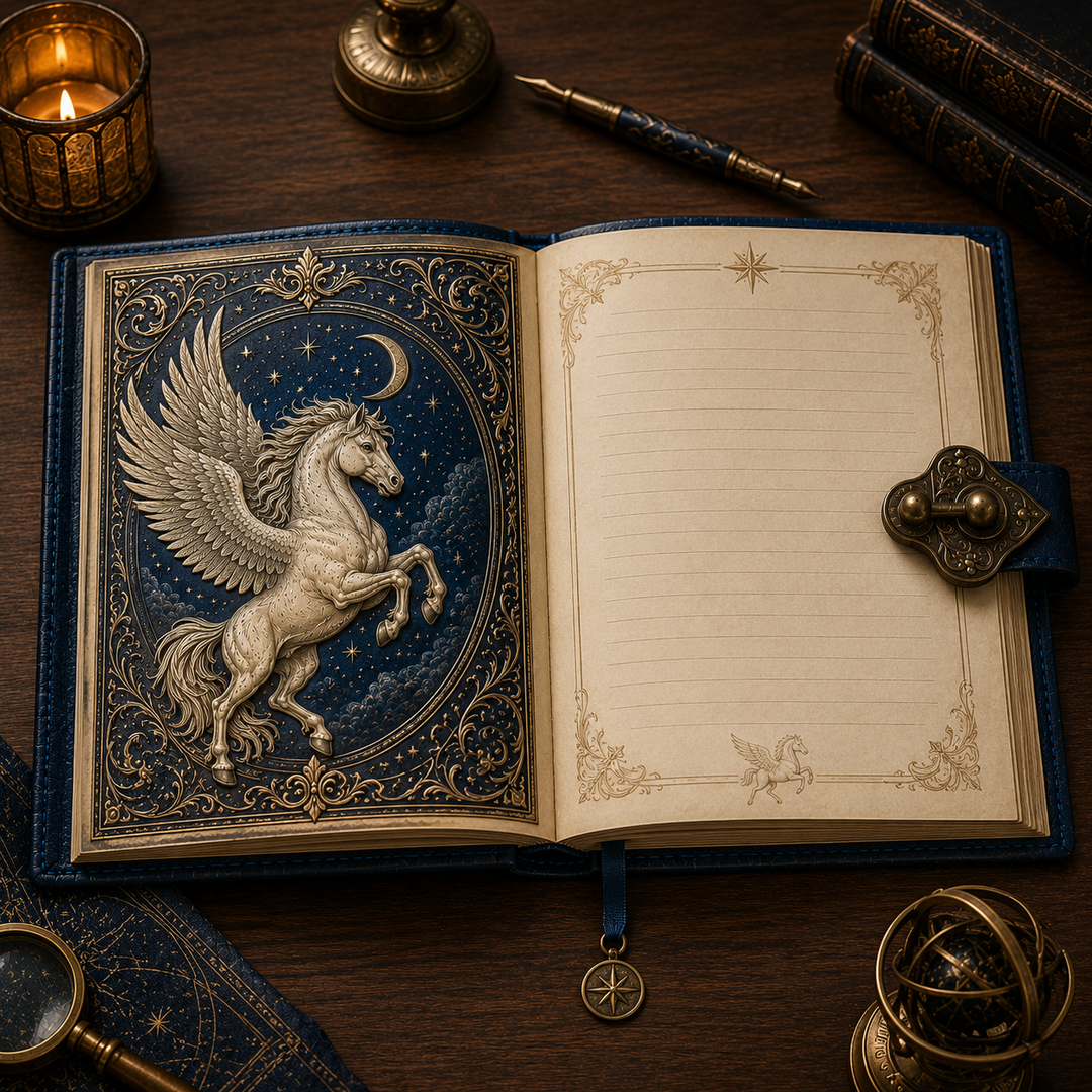 Cuaderno artesanal azul místico con Pegaso, detalles celestiales y cierre vintage; para amantes de la fantasía y escritura.