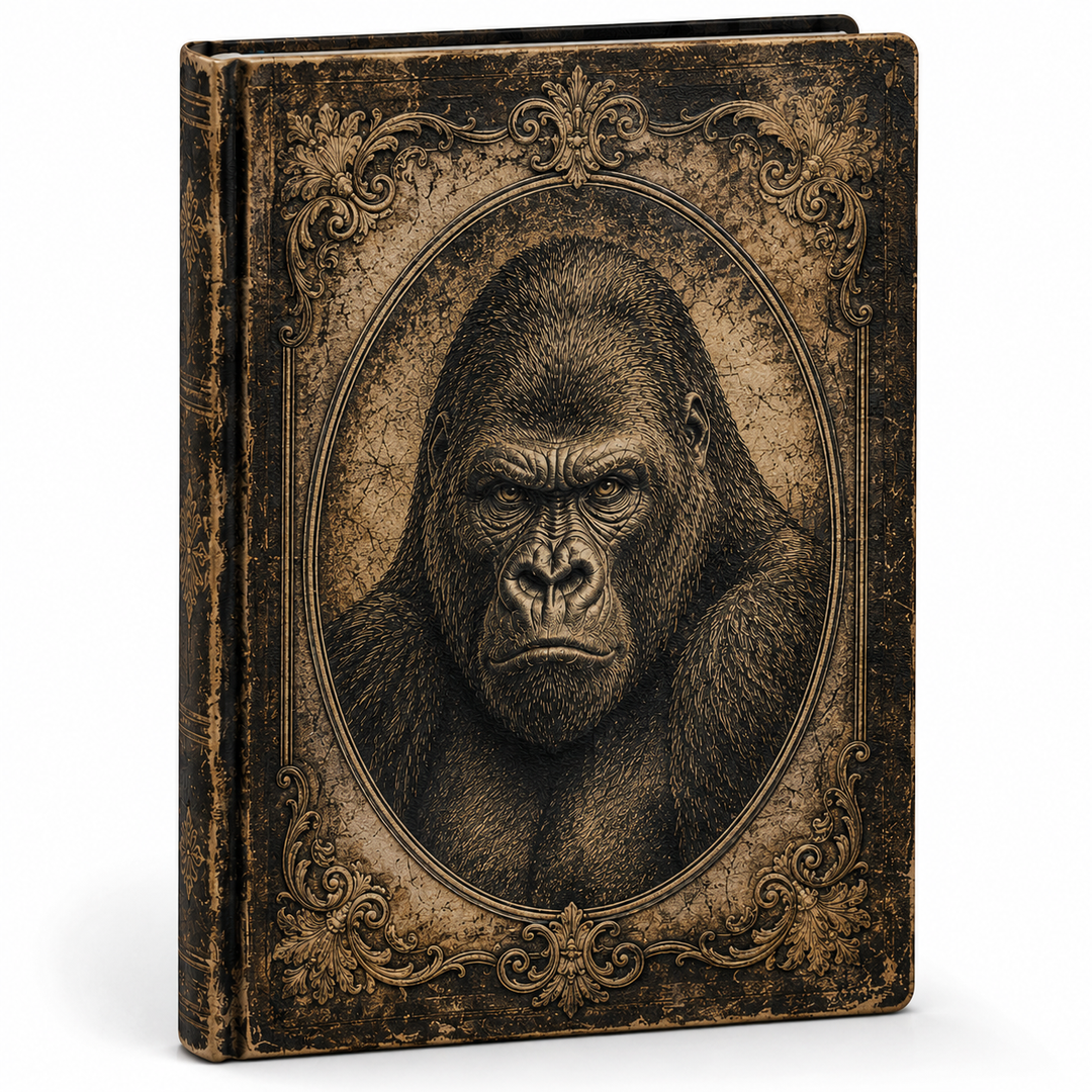 Cuaderno vintage con ilustración artística de gorila. Ideal para escritura creativa, journaling y notas.