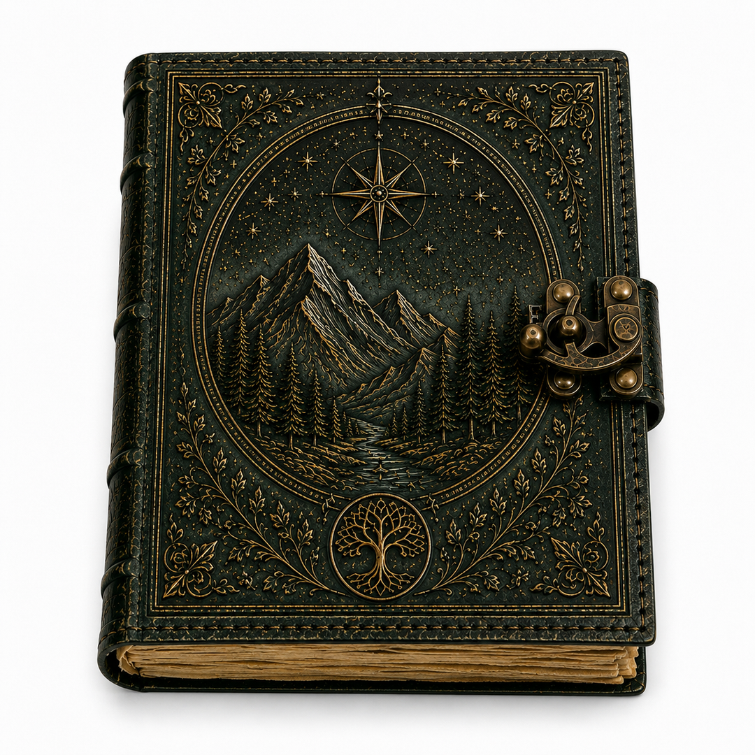 Cuaderno vintage A5, diseño bosque y montaña. Ideal para journaling, escritura y amantes de la aventura.