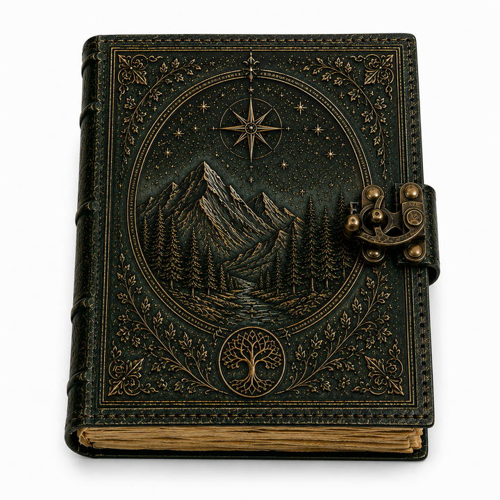 Cuaderno vintage A5, diseño bosque y montaña. Ideal para journaling, escritura y amantes de la aventura.