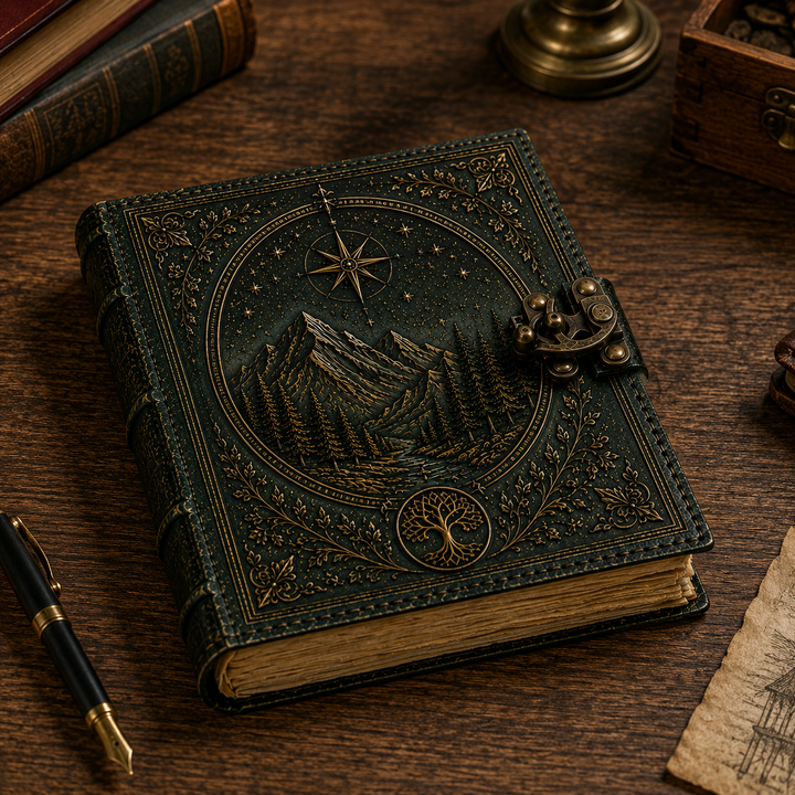 Cuaderno A5 vintage con Árbol de la Vida, bosque y montaña. Perfecto para escritura creativa y papelería.