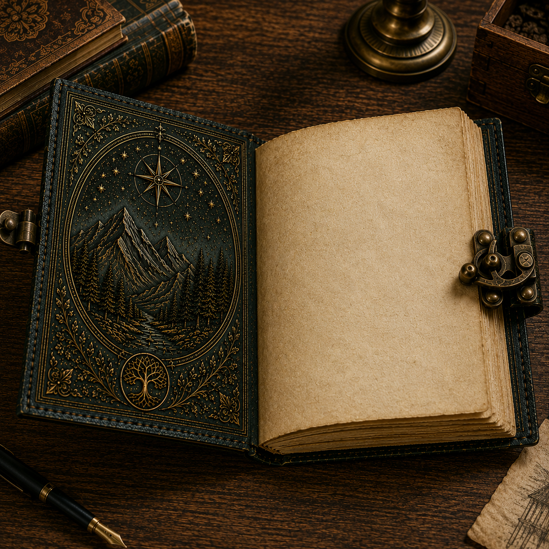 Regalo: cuaderno vintage A5 con motivos de bosque, montaña y la vida. Para journaling, escritura y aventura.