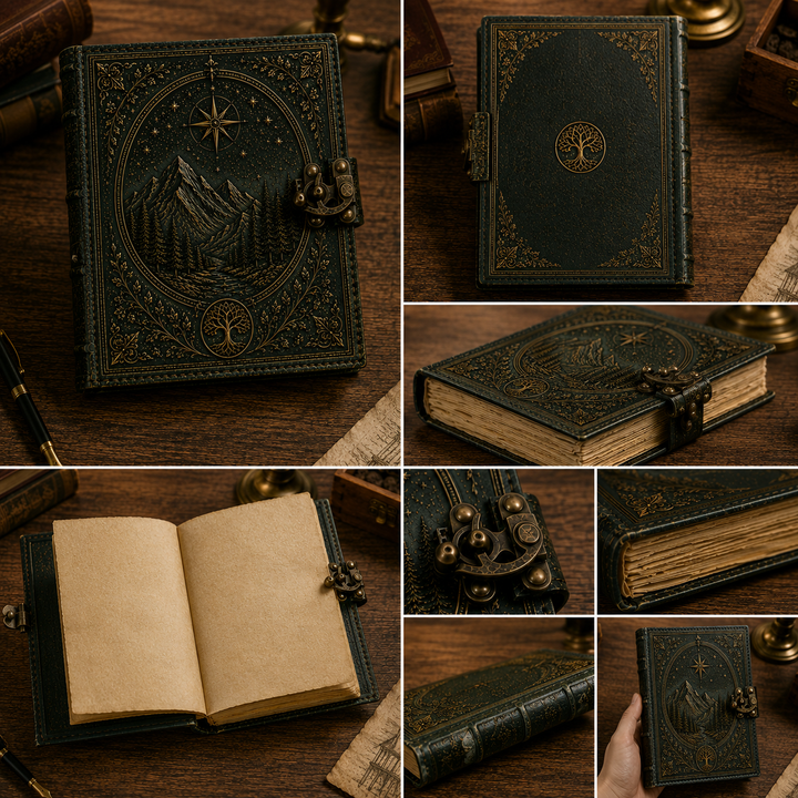 Cuaderno de papelería A5 vintage, ilustrado con bosque, montaña y Árbol de la Vida. Ideal para escritura.