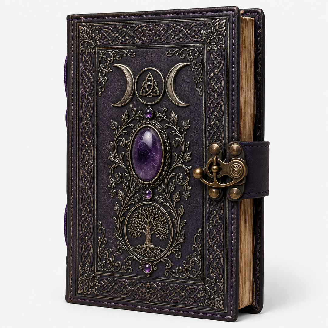 Cuaderno místico con diseño de Triple Luna y Árbol de la Vida. Ideal para diario espiritual y reflexión.