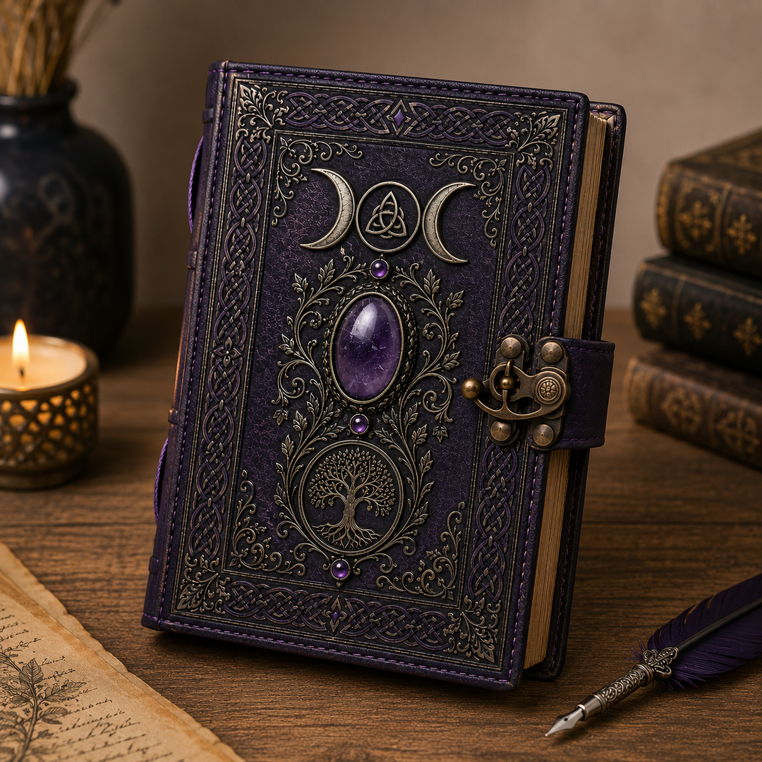Diario espiritual vintage con cubierta de Triple Luna y Árbol de la Vida. Regalo perfecto para meditación y esoterismo.