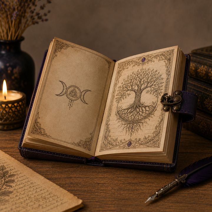 Cuaderno esotérico vintage con símbolos celtas: Triple Luna y Árbol de la Vida. Tapa detallada, posible amatista.