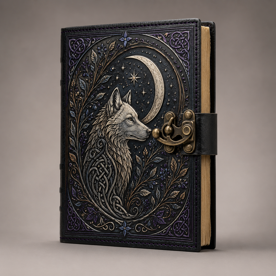Diario místico con cubierta de lobo y luna, cierre metálico vintage. Perfecto para escribir y regalar.