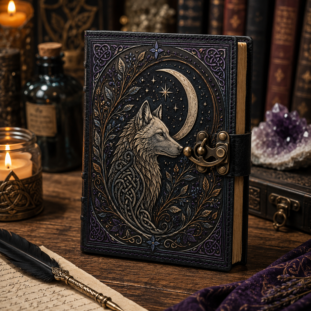 Regalo ideal: cuaderno místico con ilustración de lobo bajo la luna y cierre vintage decorativo.