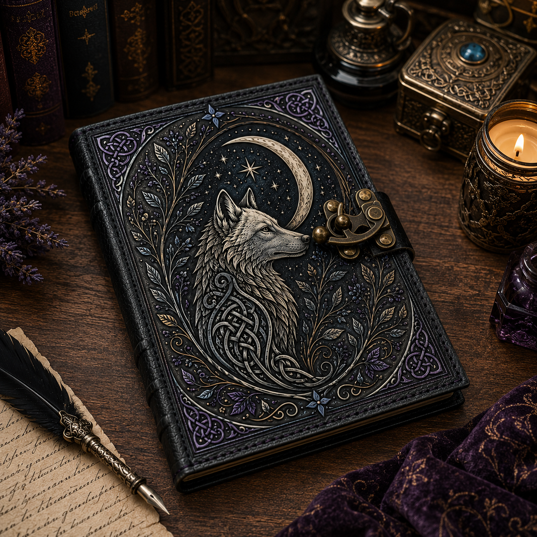 Imagen detallada de cuaderno místico con arte de lobo y luna. Tapa dura, estilo vintage, para escribir.