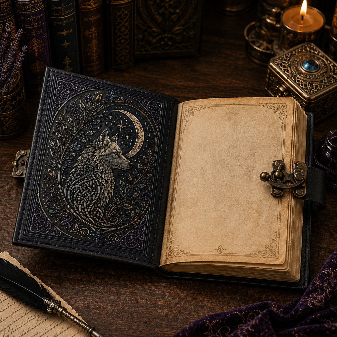 Cuaderno de fantasía celta con lobo y luna. Diseño vintage, cierre seguro para tus pensamientos.