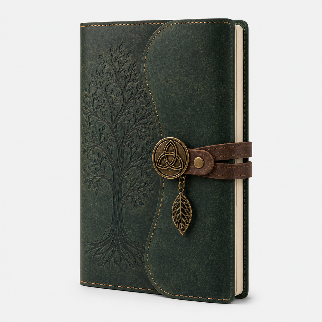 Cuaderno celta místico vintage con diseño del Árbol de la Vida y cierre, ideal para journaling y escritura.