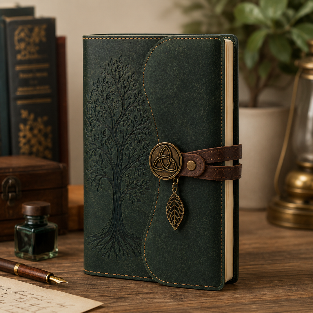 Detalle del cuaderno místico celta Árbol de la Vida con cierre, ideal para amantes de lo espiritual y artesanal.