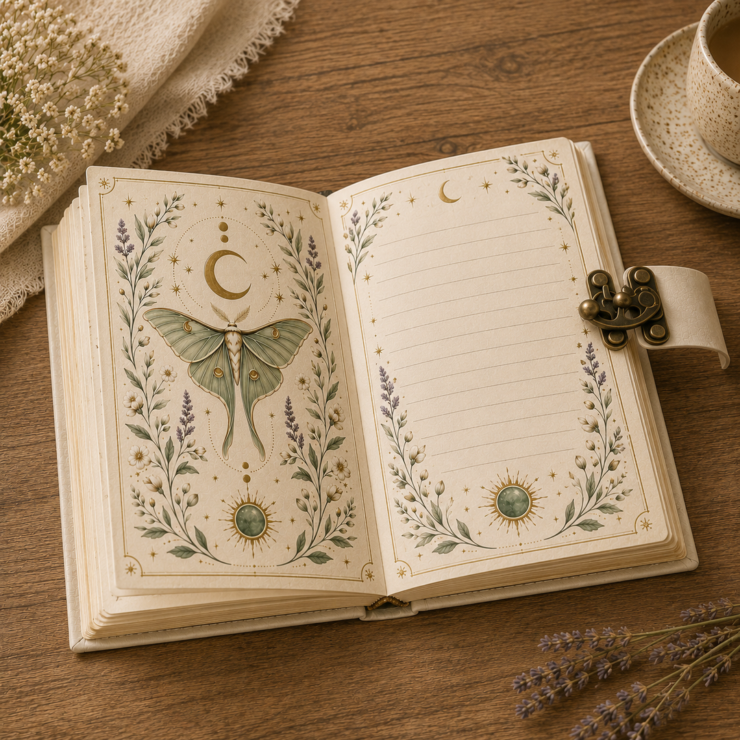 Cuaderno vintage de polilla lunar con cierre, ideal para escritura espiritual, notas y diario místico.