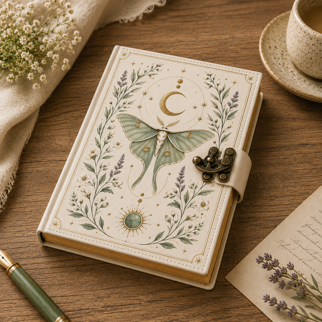 Diario místico con polilla lunar y diseño botánico. Perfecto para journaling, notas y regalo espiritual.