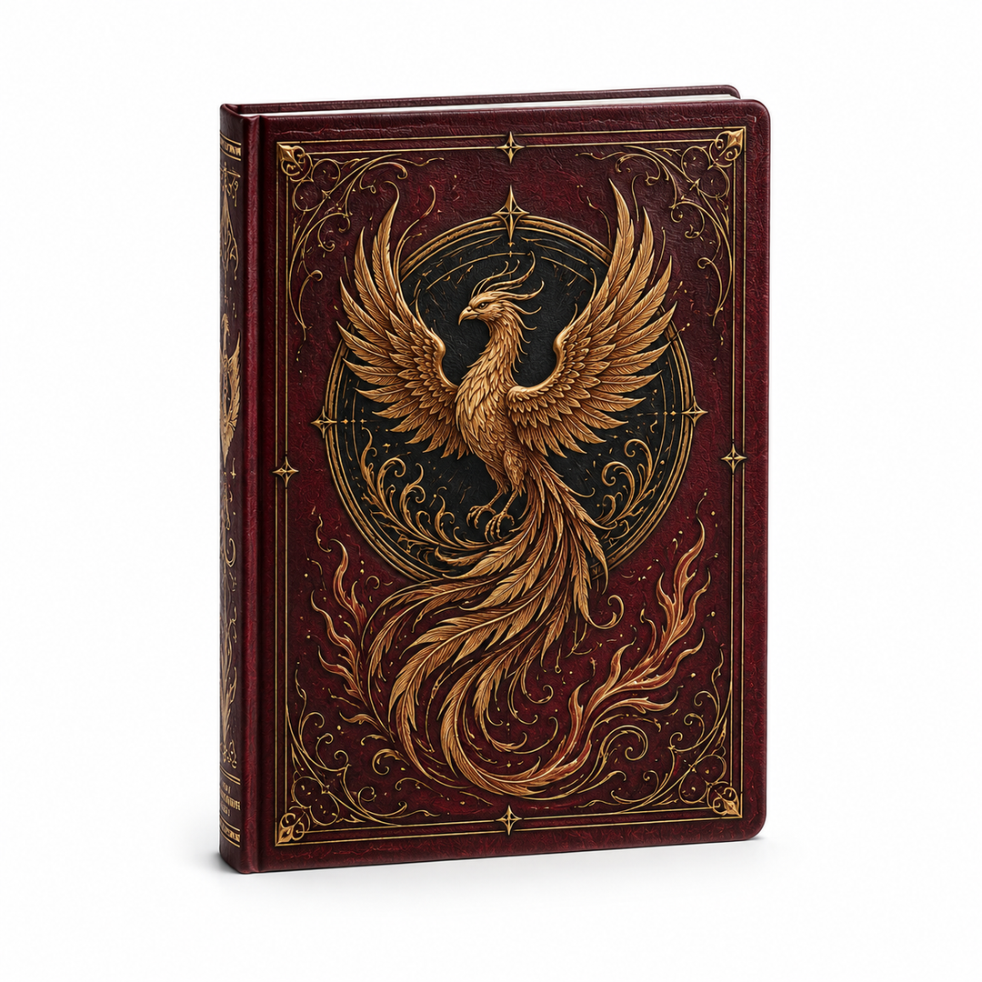 Cuaderno místico vintage con fénix dorado ornamentado, ideal para escritura, arte y diario espiritual.