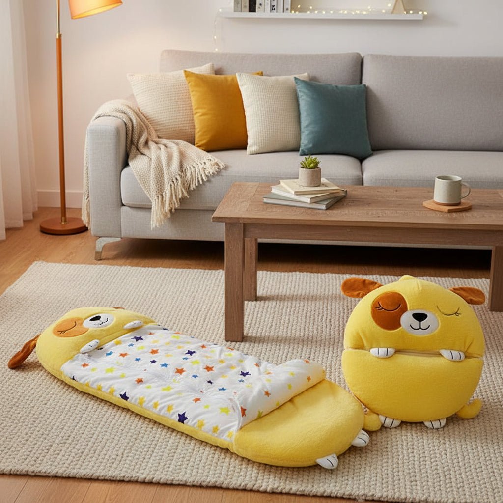 Saco de dormir de peluche 2 en 1 para niños, ideal para descanso y juegos. Confortable y suave compañero infantil.