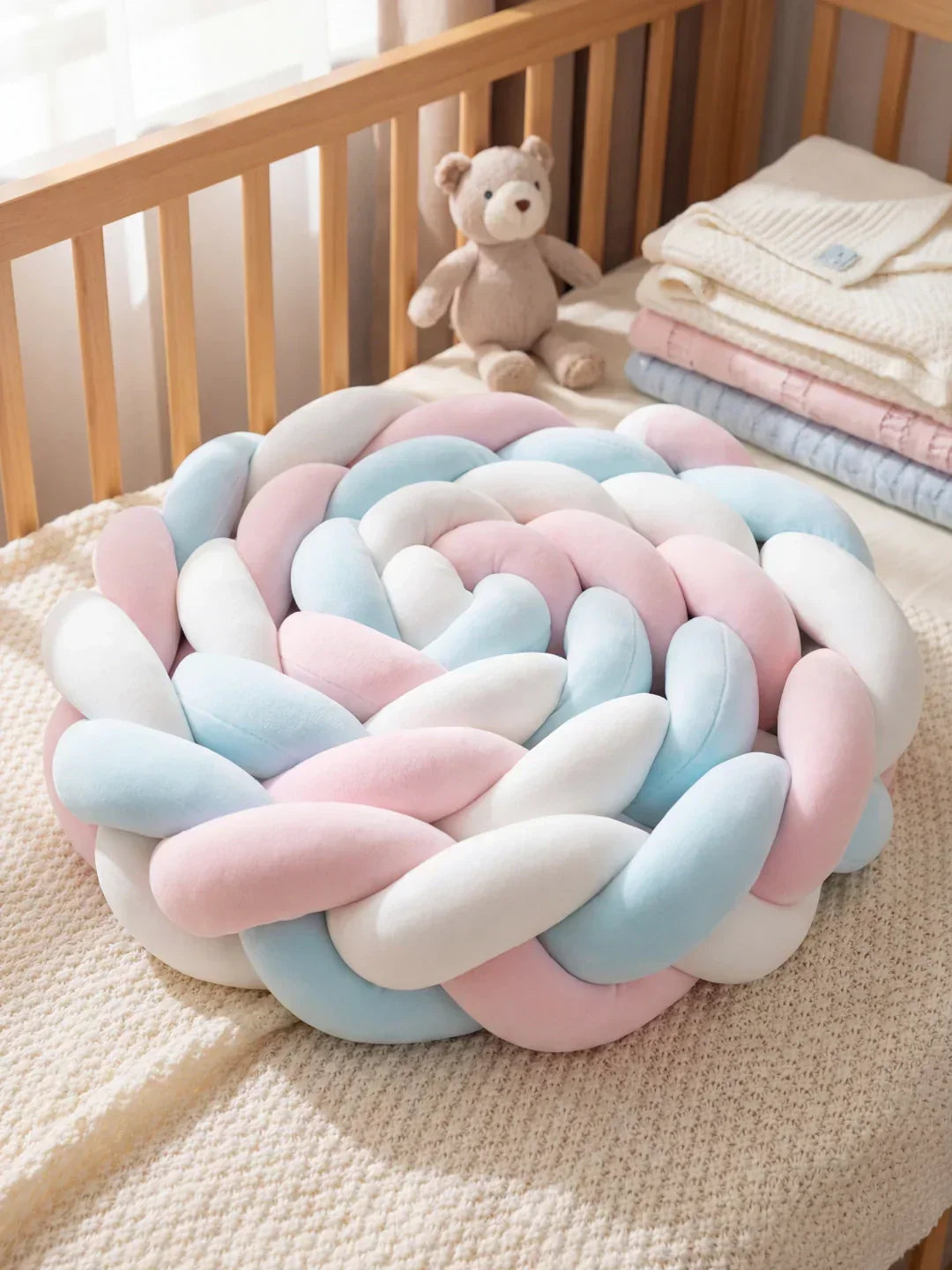 Seguridad bebé: Protector de cuna trenzado, acolchado y suave. Ideal para guardería.