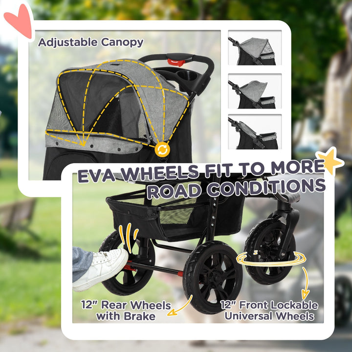 Interior acolchado de carrito de aventura, confort para el perro durante paseos al aire libre. Cochecito para mascotas.