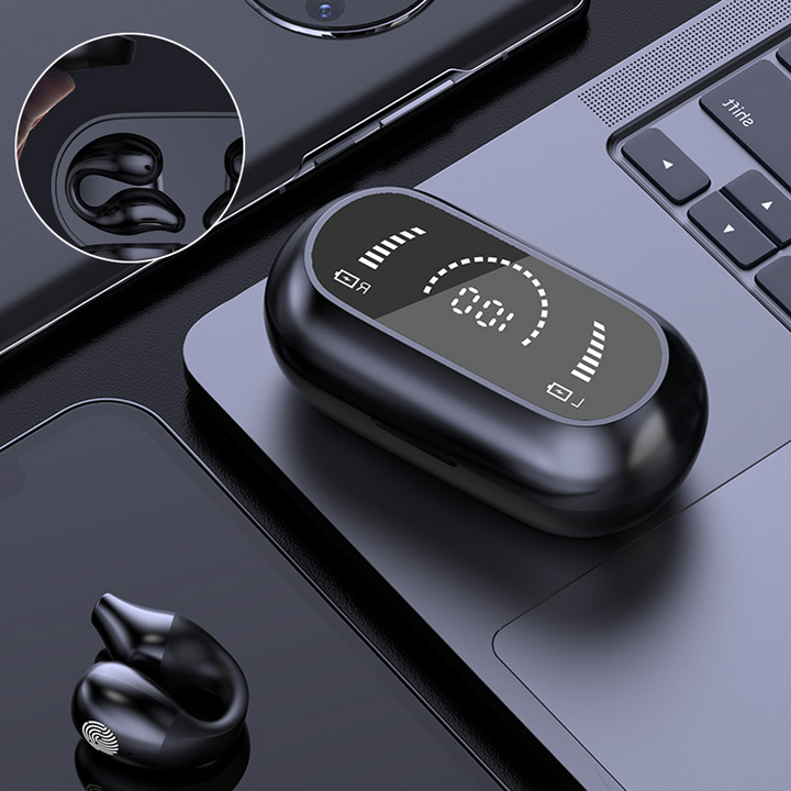 Auriculares Bluetooth de conducción ósea. Diseño de clip para oreja, ideal para escuchar audio con seguridad.