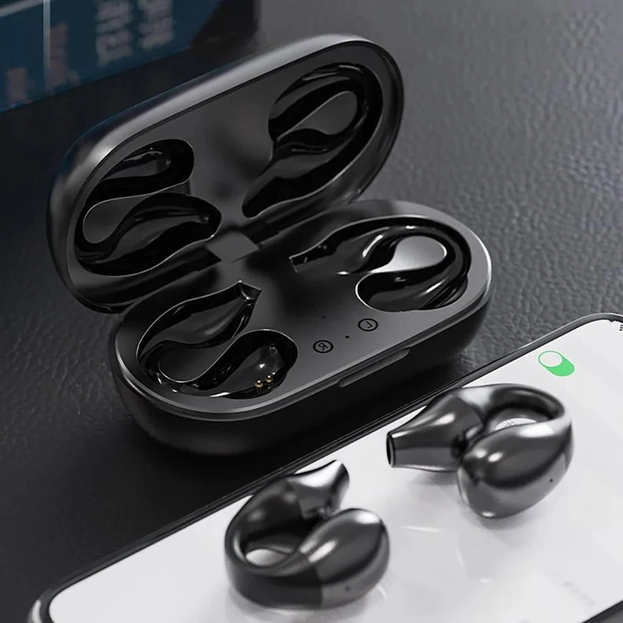 Cómodos auriculares de clip inalámbricos, tecnología de conducción ósea para audio abierto y uso diario.
