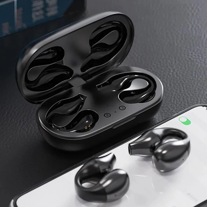 Cómodos auriculares de clip inalámbricos, tecnología de conducción ósea para audio abierto y uso diario.