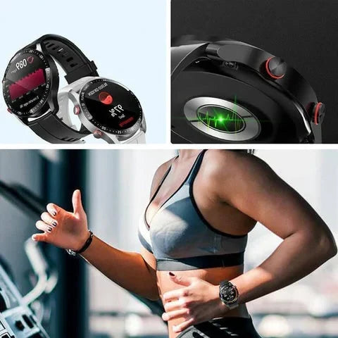 Smartwatch unisex cargándose. Destaca monitor de glucosa no invasivo, salud y funciones de fitness.