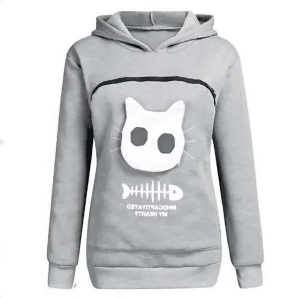 Sudadera casual unisex con capucha y bolsillo canguro, diseñada para llevar y acunar a tu gato cómodamente.