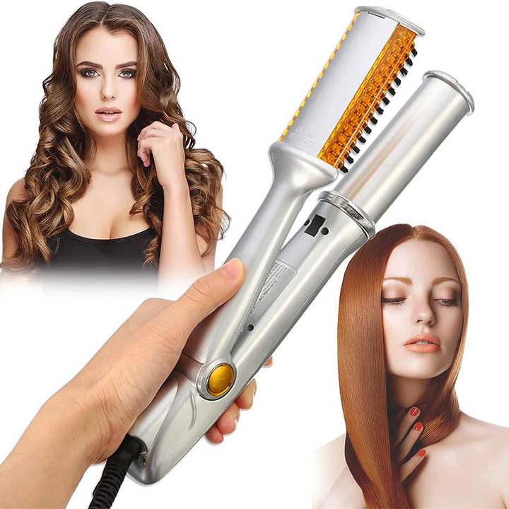 Mujer alisando su cabello con el cepillo rotatorio 2 en 1. Consigue un cabello liso y brillante fácilmente.
