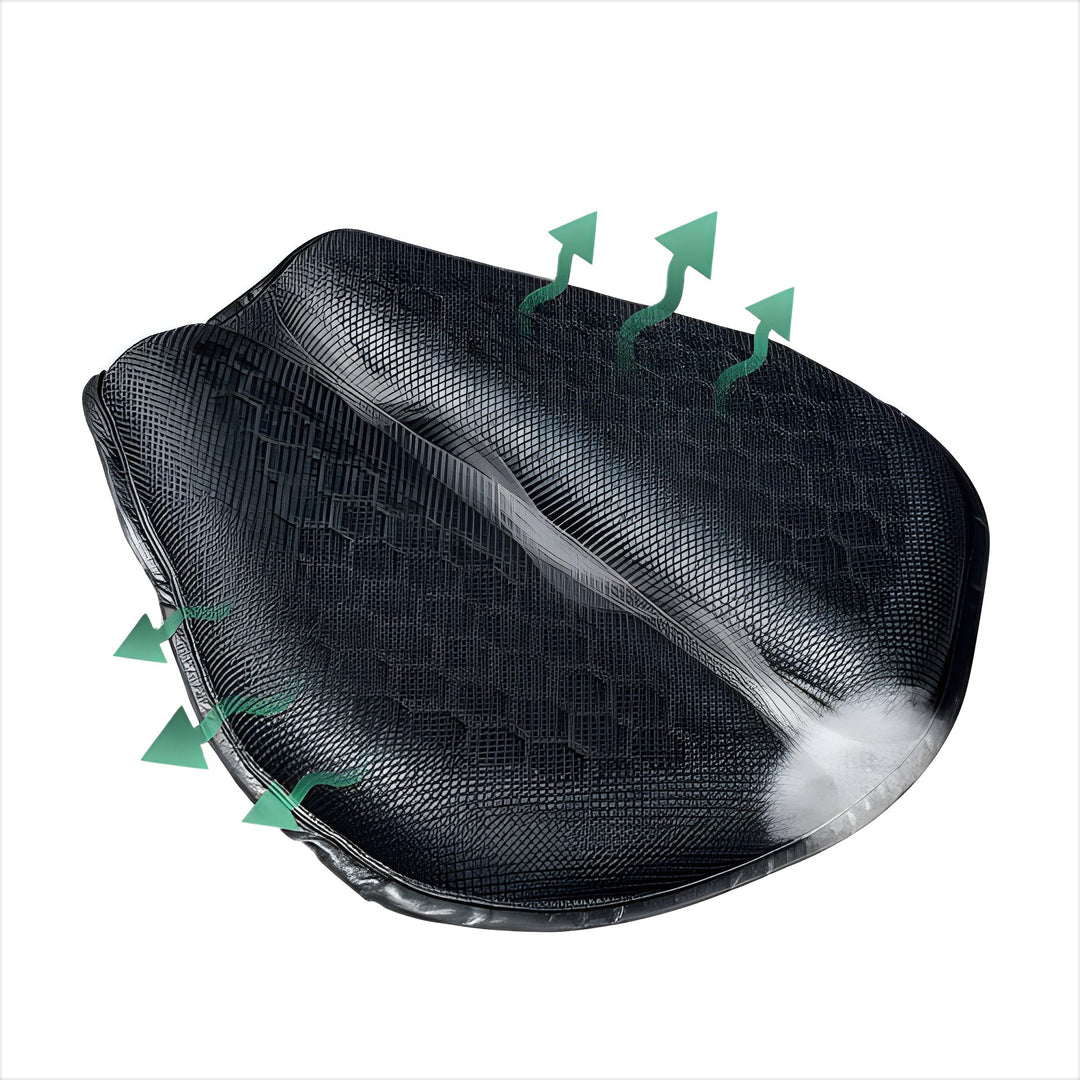 Cojín de gel transpirable y antideslizante para asiento de moto. Mejora el confort en rutas largas.