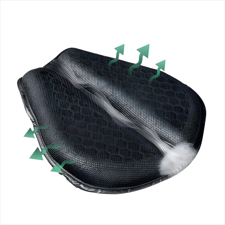 Cojín de gel transpirable y antideslizante para asiento de moto. Mejora el confort en rutas largas.