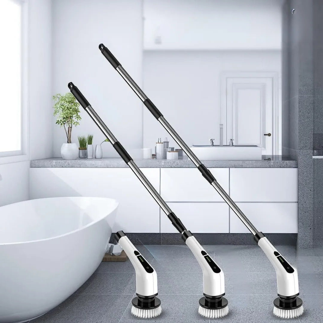 Cepillo limpiador eléctrico inalámbrico con mango largo, ideal para limpieza del hogar sin esfuerzo.