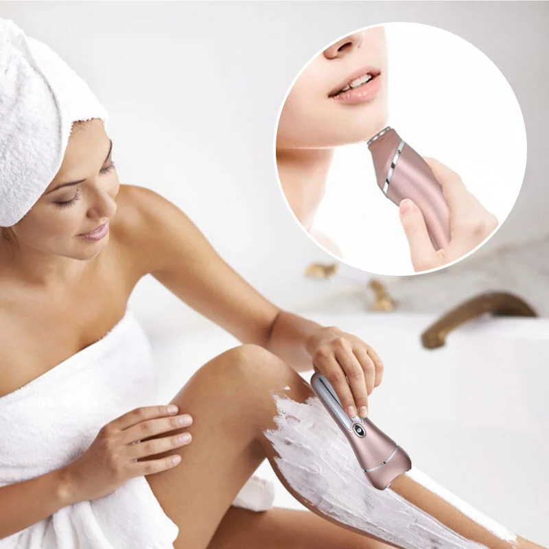 Depiladora eléctrica 3 en 1 para mujer, con cabezales para afeitado, recorte y exfoliación. Uso impermeable.