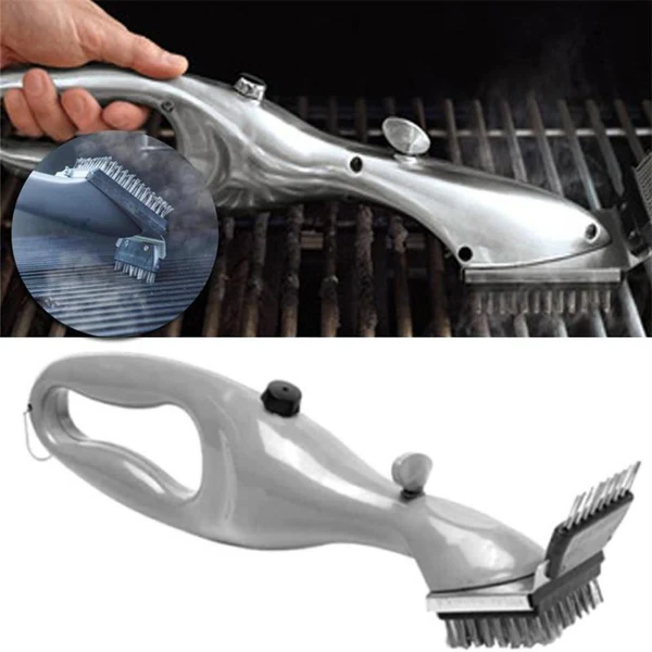 Cepillo de limpieza a vapor para parrillas BBQ, herramienta esencial para limpiar grasa y restos de comida fácilmente.