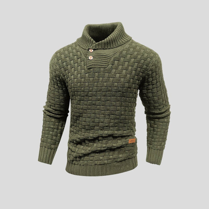 Suéter de hombre de punto, cuello de botones. Estilo casual y texturizado para un look moderno de otoño-invierno.