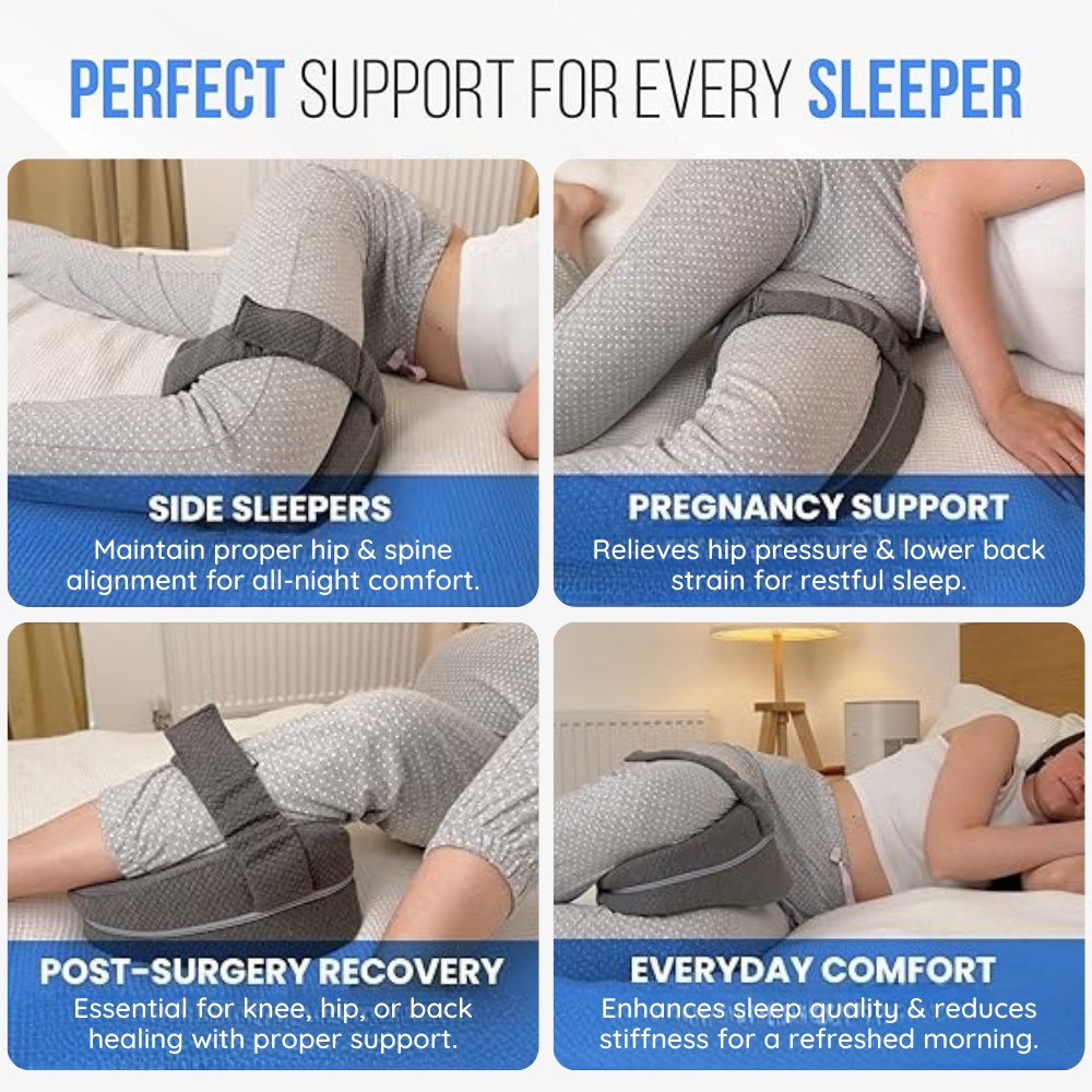 Cojín ortopédico para rodillas y piernas, diseñado para aliviar dolor de espalda y mejorar postura al dormir.